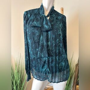 HAVER LONDON Watercolor Print Blouse Long Sleeve Tie Neck Pleated Lined S/P